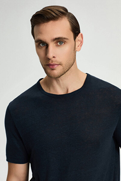 Hemington Pure Linen Navy Blue Crew Neck T-Shirt