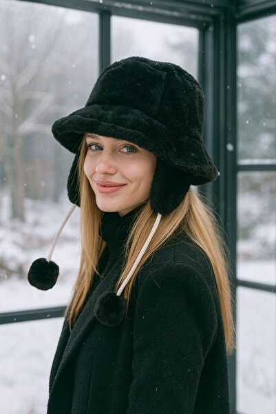 Axesoire 14493 İpli Peluş Siyah Pilot Şapka Bere