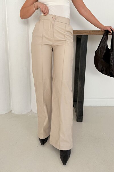 VAGGON Γυναικείο παντελόνι Palazzo από συνθετικό δέρμα με λεπτομέρεια ραφής με κουμπιά Vs00899