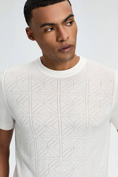 Hemington Openwork Knit Detailed Crew Neck White Knitwear T-Shirt