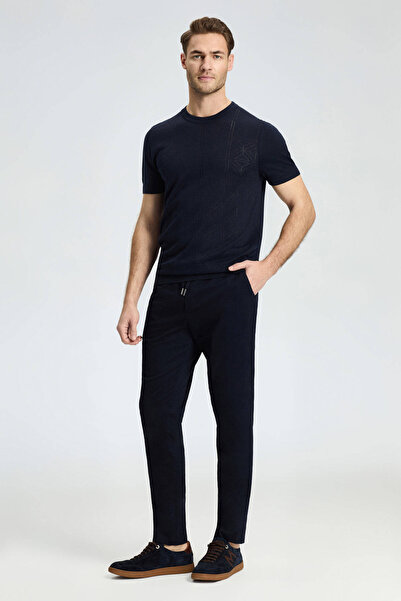 Hemington Openwork Knit Detailed Crew Neck Navy Blue T-Shirt