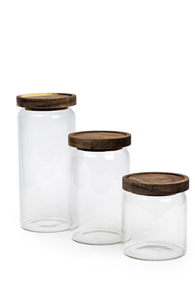 Cuisine Art By Styli Set of 3 - Round Glass Storage Jars with Acacia Wood Lids - Transparent