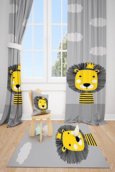 dekomingo Gri Bulut Aslan Çocuk Odası 2 Kanat Fon Perde