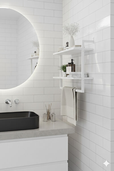 Euromob 40x20 cm Banyo Rafı Duvara Monte Havluluk 2 Katlı Dekoratif Düzenleyici Organizer Beyaz Metal