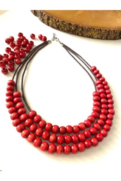 canan dizayn Bohem Ahşap Çoklu Boncuk Kolye Kırmızı