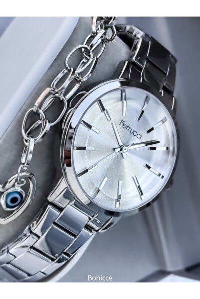 Ferrucci Brand Silver Color Steel Band,Women Wristwatches + Bracelet