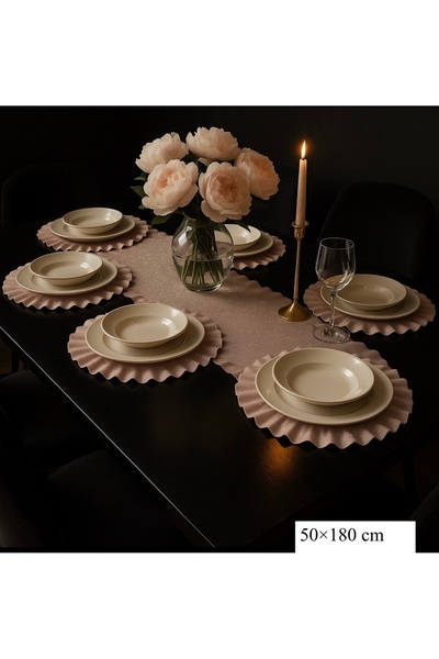 Gül Simli Kumaş Şık Runner ve Supla Takımı 6 Kişilik Sofra Dekorasyonu