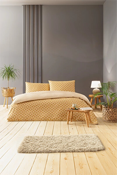 Hibboux Waves 100 Бавовна, Двосторонній, Сучасний, Дихаючий, Геометричний Двоспальний Постільний Комплект - Гірчичний/екрю