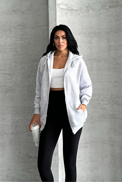 macharel jeans Φούτερ με φερμουάρ με κουκούλα με 3 κλωστές μεγάλου μεγέθους σε γκρι χρώμα