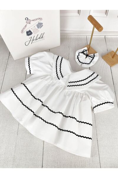 Hobidik White Cotton Poplin Black Water Stone Pointed Collar Dress