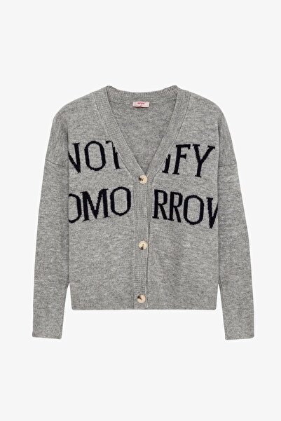 Quzu Text Patterned Buttoned Oversize Knitwear Cardigan Gray