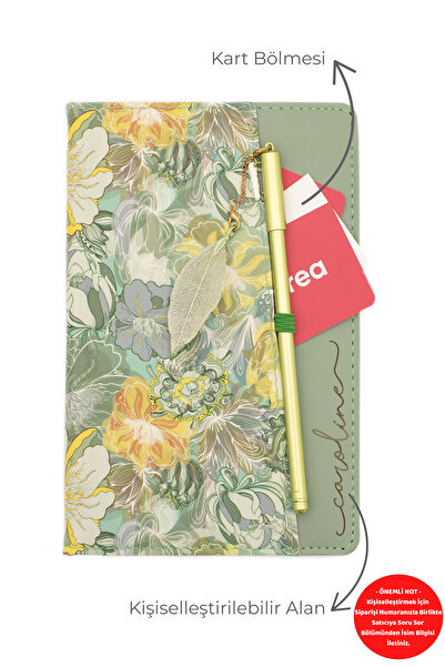 giftcrea Kişiye Özel Çiçek Desenli Defter ve Tüy Kalem Seti Lazer İsim Kazıma Günlük Kartlıklı Defter