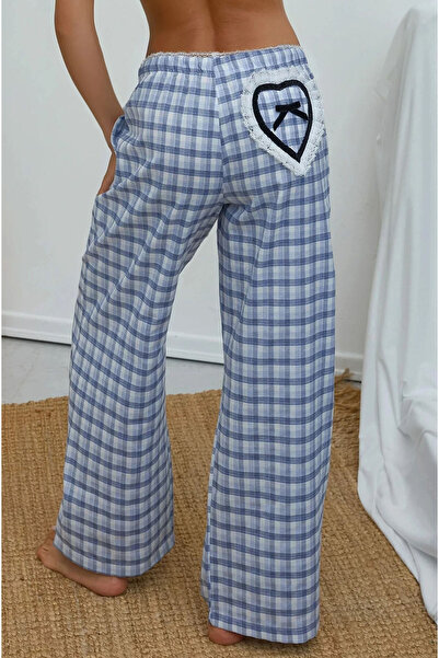 Hiccup Plaid Patterned Pajama Bottoms with Heart Embroidery Detail on the Back