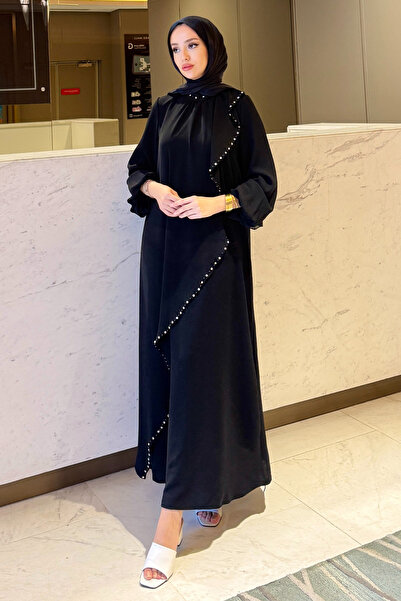 Tesettür Diyarı Kadın Krep Kumaş Kenarları Taş İşlemeli Nazende Tesettür Elbise
