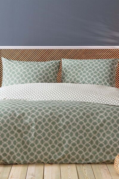 Hibboux Waves 100 Бавовна, Двосторонній, Сучасний, Дихаючий, Геометричний Двоспальний Постільний Комплект - Зелений/екрю