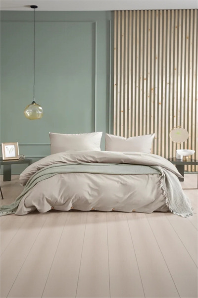 Hibboux Бежевий двоспальний комплект постільної білизни - 100% натуральна бавовна, ефект прання Haze