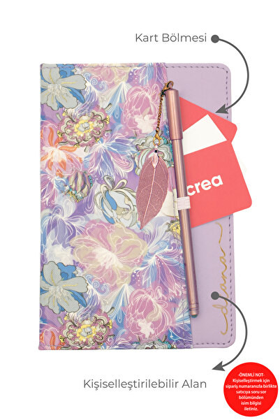 giftcrea Kişiye Özel Çiçek Desenli Defter ve Tüy Kalem Seti Lazer İsim Kazıma...