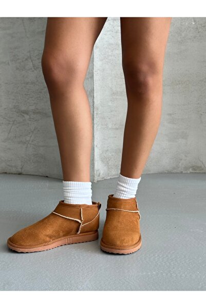 AZE STEP Mini Taba Süet İçi Tüylü Düz Taban Yarım Bot