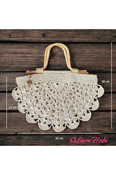 Satürn Hobi Knitted Bamboo Handle Clam & Fan Model Lined Raffia Bag