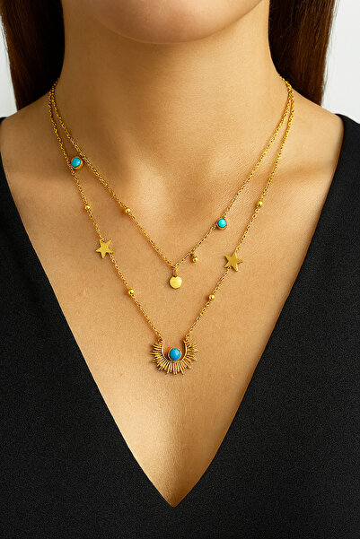 Mersens Etnik Güneş Model Firuze Doğal Tas Detayli Çoklu Zincirli Kolye - Pas...