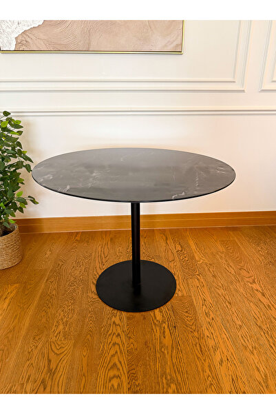 EFFE YAPI DEKOR Siyah Mermer Desenli Modern 100 CM Yemek Masası 8 MM Temper Cam ( SADECE MASA )