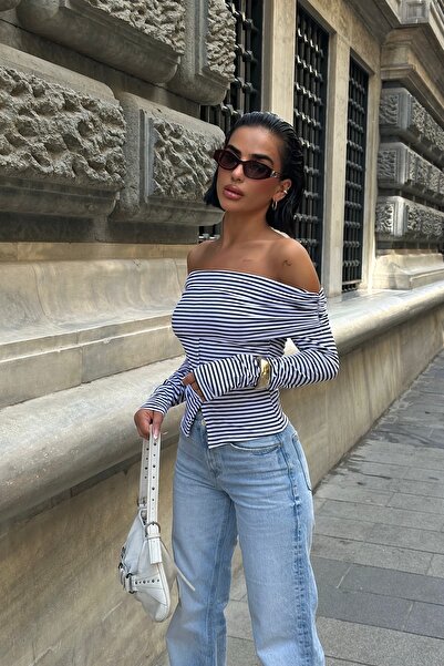 World Fashion Trends Madonna Yaka Uzun Kollu Çizgili Esnek Bluz WFT8019