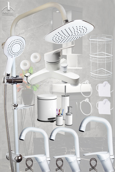 tesitay Banyo Lavabo Mutfak Bataryası Komple Mat Beyaz Renk Batarya Duş Seti ...