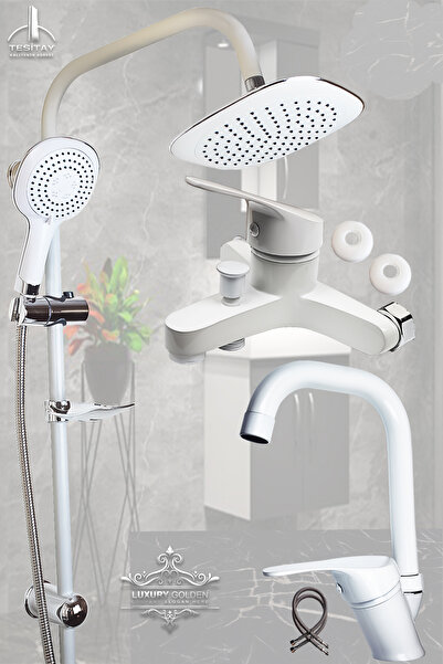 tesitay Beyaz Banyo Lavabo Bataryası Ve Robot Duş Seti Beyaz Banyo Seti Armat...