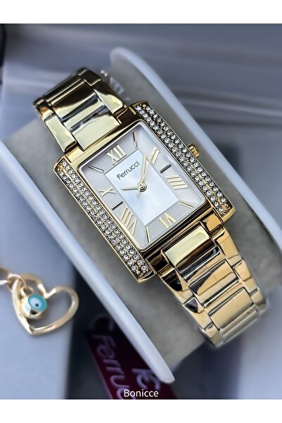 Ferrucci Sarı Renk Çelik Kordon Köşeli KasaKadın Kol Saati+Kalpli Bileklikler