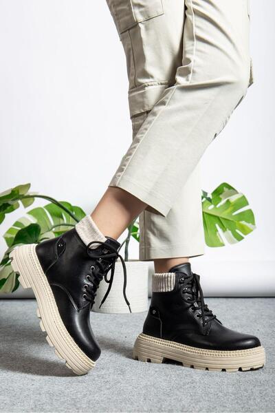 motto store Black Leather Elastic Lace-Up Flat Sole Women's Boots