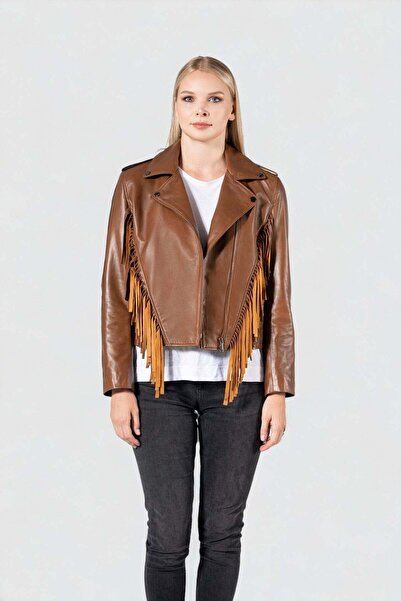 SVELG AMBER - Püsküllü ve Fermuarlı Kahverengi Kadın Deri Ceket