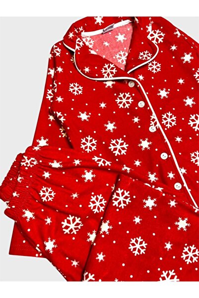 ALİŞ KİDS Anne-Kız Çocuk Pamuklu Kumaş Süet Kırmızı Kar Desenli Gömlek Yaka Düğmeli Pijama Takımı