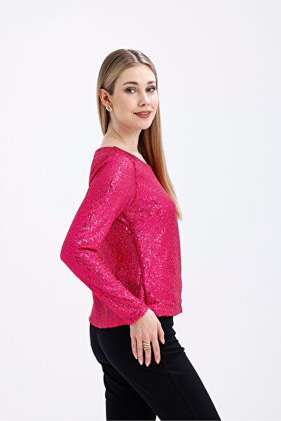 Sense Fuchsia Sequined Lined Evening Dress Blouse - Blz35497