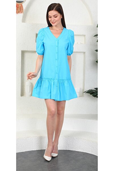 Miss Allos Дамска мини рокля с тюркоазени копчета, V-образно деколте, балонни...