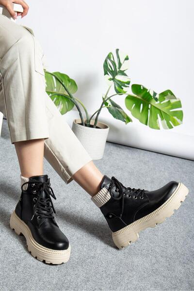 motto store Black Leather Elastic Lace-Up Flat Sole Women's Boots