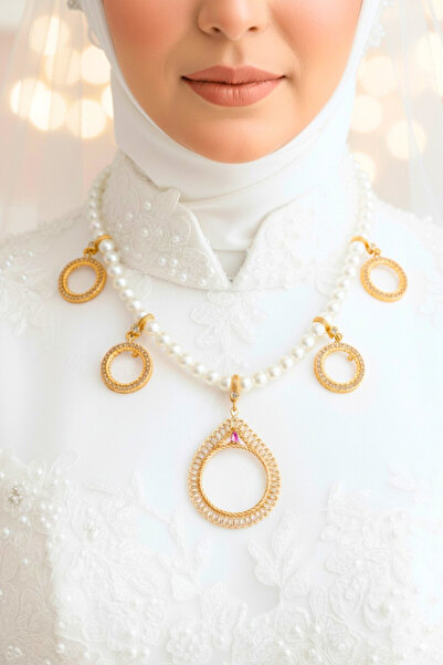 TwinsCollection Tamlı ve Çeyrekli Altın Uyumlu 8mm İncili 5'i Bir Yerde Kolye - Tamlı Çeyrekli Beşi Bir Yerde Kolye