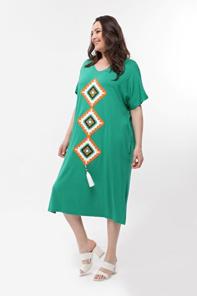 Ebsumu Γυναικείο πράσινο φόρεμα μεγάλου μεγέθους με πλεκτή λεπτομέρεια