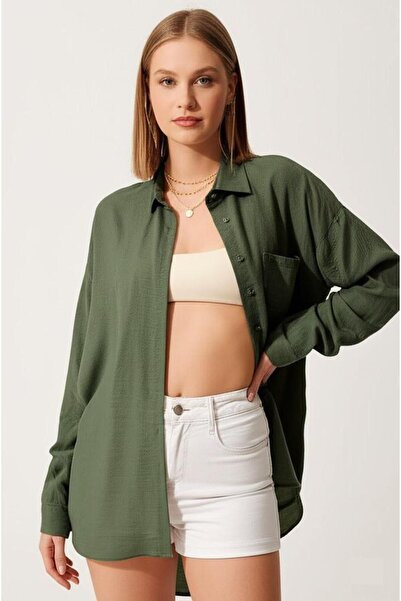 COMBİNE MİCHAİL Γυναικείο λινό πουκάμισο Χακί Oversize