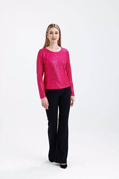 Sense Fuchsia Sequined Lined Evening Dress Blouse - Blz35497