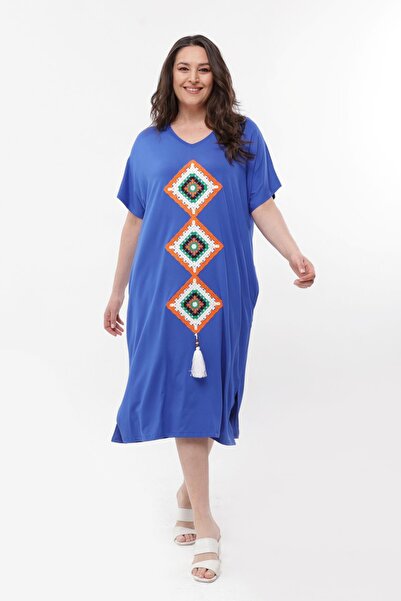 Ebsumu Γυναικείο Πλεκτό Λεπτομερές Μπλε Φόρεμα Plus Size