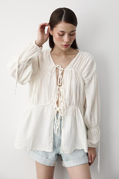 Laluvia Λευκό πουκάμισο μουσελίνας από 100% βαμβάκι με ελαστική μανίκια