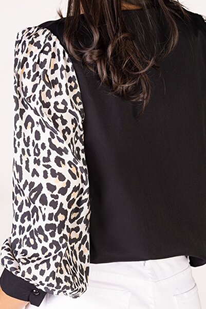 Ginza Leopard Print Chiffon Sleeve Black V-Neck Blouse