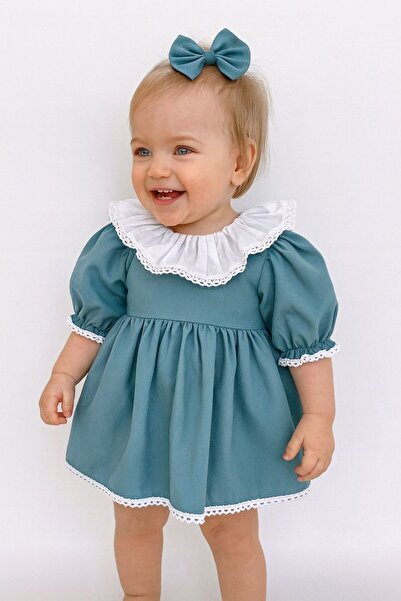 Hobidik طقم فستان بناتي من القماش القطني باللون الأخضر المائي