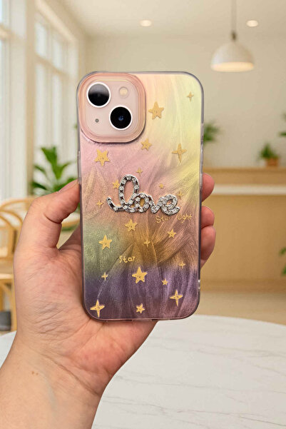 Vip Case iPhone 15 / 14 / 13 Uyumlu Hologramlı Renk Değiştiren Yıldız Desenli Taşlı Yazılı StarLove Kılıf