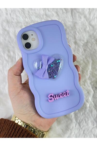 Vip Case iPhone 11 - Renkli Kalp Kurdele Detaylı Simli Dalgalı Sweety Kılıf