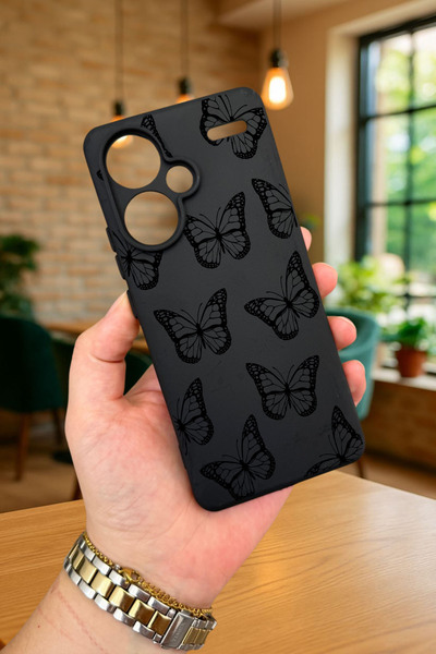 Vip Case Redmi Note 13 Pro Plus Black Butterfly Patterned Silicone Shock-Absorbing Classic Protective Rubber Case