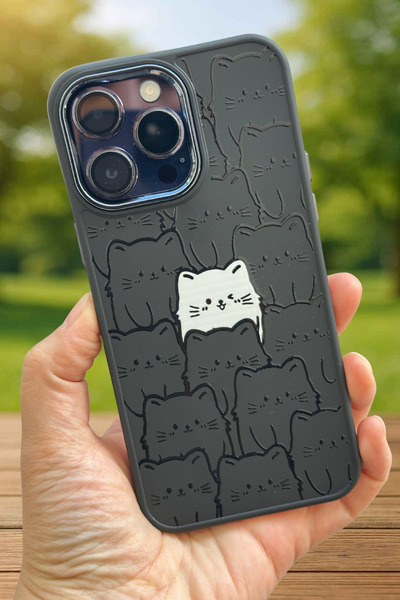 Vip Case Iphone 14 Pro Max Metal Detaylı Sıralı Sevimli Kedi Baskılı Silikon ...