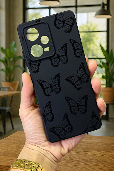 Vip Case Redmi Note 12 Pro 5g Black Butterfly Patterned Silicone Shock-Absorbing Classic Protected Rubber Case