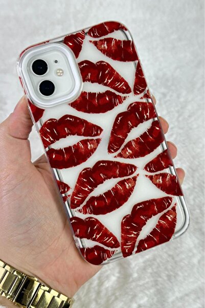 Vip Case iPhone 12 ve 12 Pro Kırmızı Dudak Desenli Şeffaf Kamera Çıkıntılı Za...