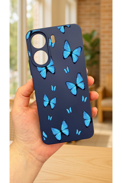 Vip Case REDMİ 13C Uyumlu MAVİ KELEBEK DESENLİ Lansman Kamera Korumalı Yumuşak Silikon RUBBER Kılıf